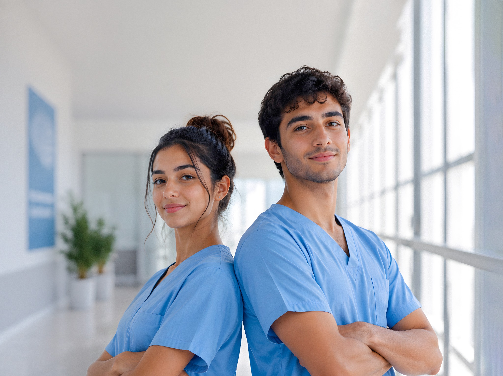 Deux jeunes adultes en tenue de soins bleue, visuel de la campagne HCA